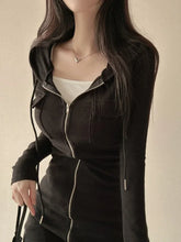 LIZAKOSHT  -  New Vintage Aesthetic Elegant Hooded Dress Women Street Pastel Fairycore Grunge Zip-up Pockets Long Sleeve Bodycon Dresses